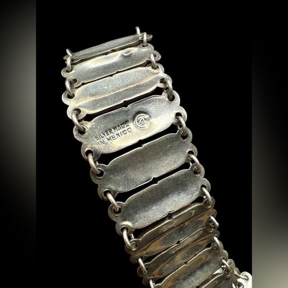Vintage 1940’s Sterling Silver Mexico Turquoise Shadowbox Link Bracelet 39 grams - Picture 6 of 7